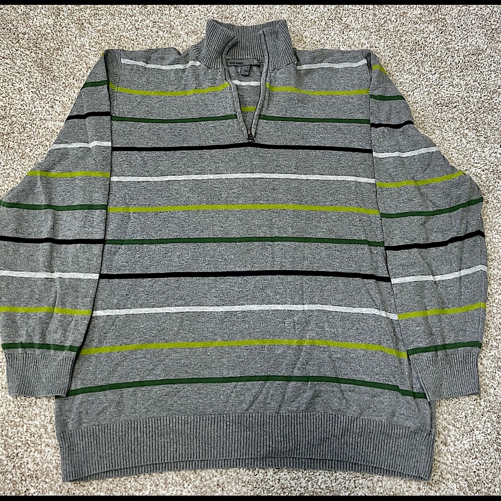 Old Navy gray with green stripes, zippered pullover sweater, extra large